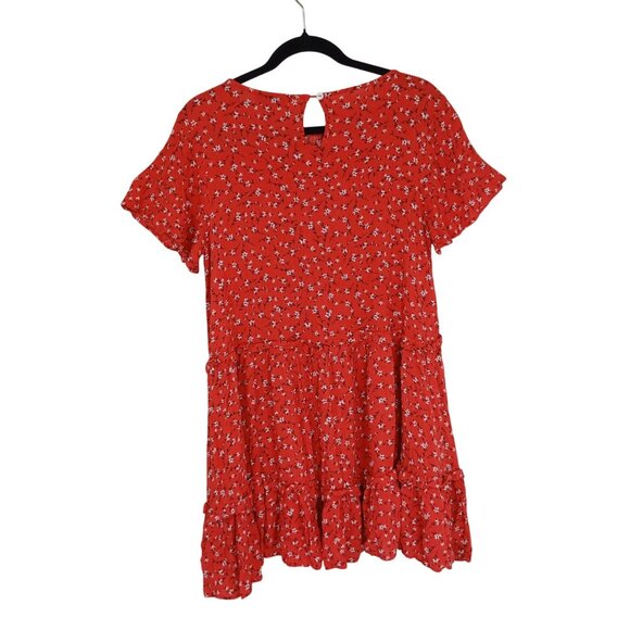 Ebby & I Red Floral Tiered Dress Size 8  Short Sleeves & Keyhole Back Closure - Picture 8 of 11